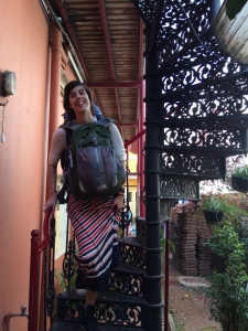 Izaskun navigating the spiral staircase with our bckpacks